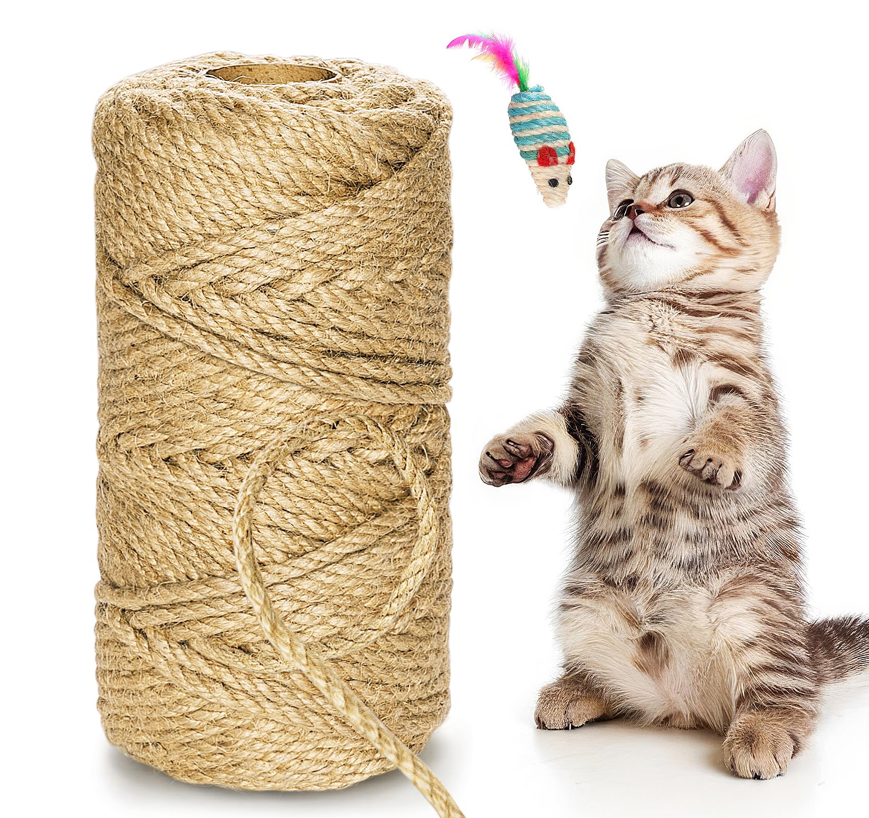 Sisal Rope for Cat,6mm (60M/197 FT) Natural Jute Rope with a Pair of Protective Gloves and Mice, Replacement for Cats Scratcher, Jute Rope for Cat Scratching Tree Home Garden DIY Decoration (Yellow)