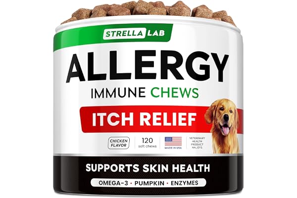 StrellaLab Dog Allergy Relief & Anti Itch Support Chews w/Omega 3: Real Ingredients, Real Taste! Skin & Coat Immune Supplemen