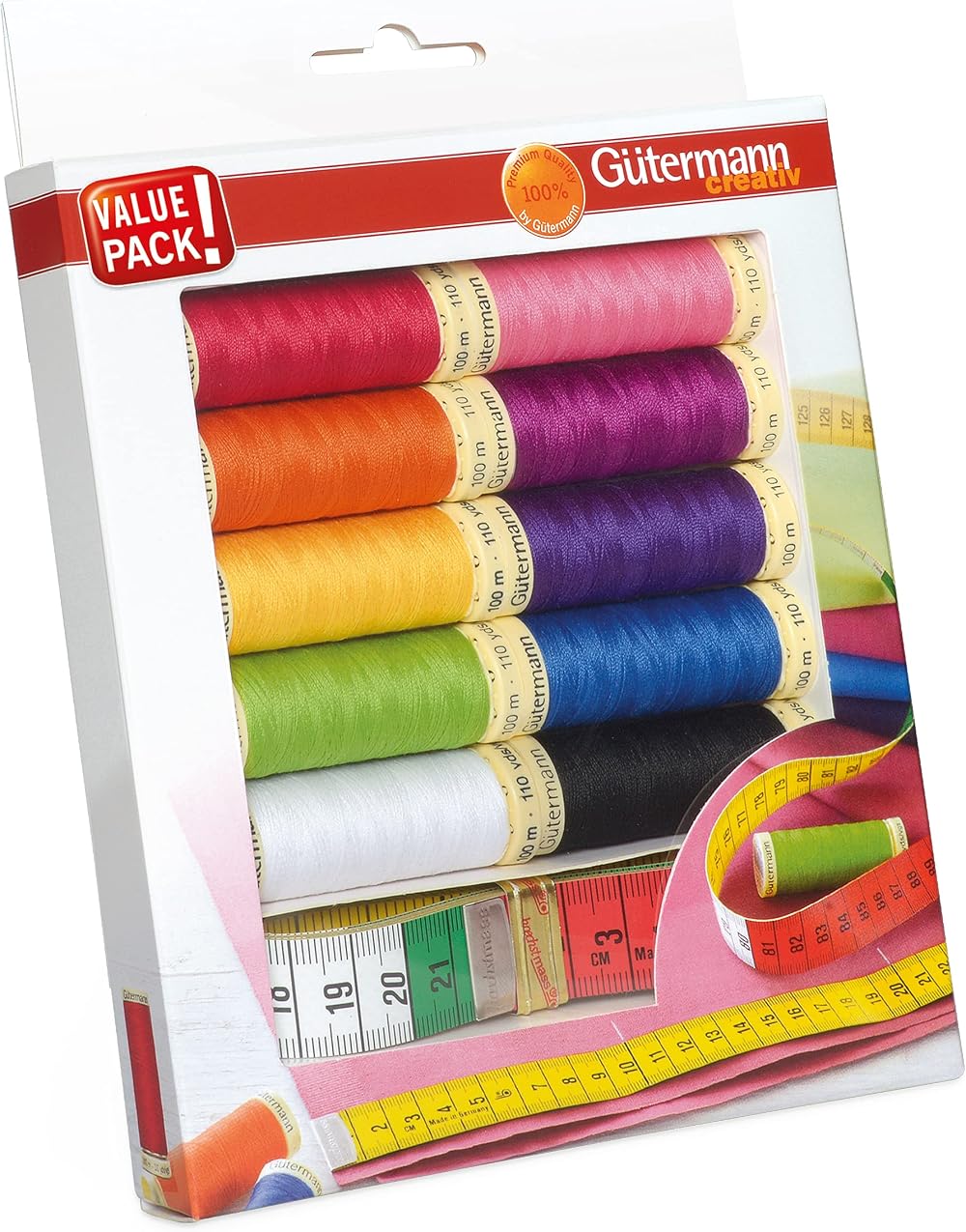 Gütermann Sewing Thread Set 10 Spools 100m Strong Colors + Measuring Tape