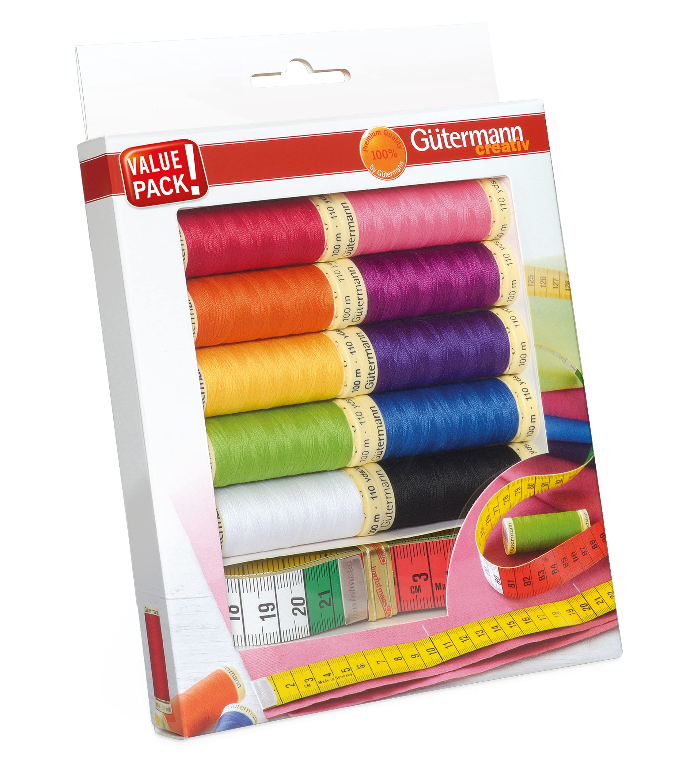 Gütermann creativ Sewing Thread Set with 10 spools Sew-All Thread 100 m in Strong Colours + Tailor’s Measuring Tape