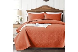 OARAGE King Size Quilt Bedding Set Soft Lightweight Orange Quilted Bedspread with Checkered Pattern,Microfiber Cal King Quilting Coverlet for All Season (1 Quilt, 2 Shams)