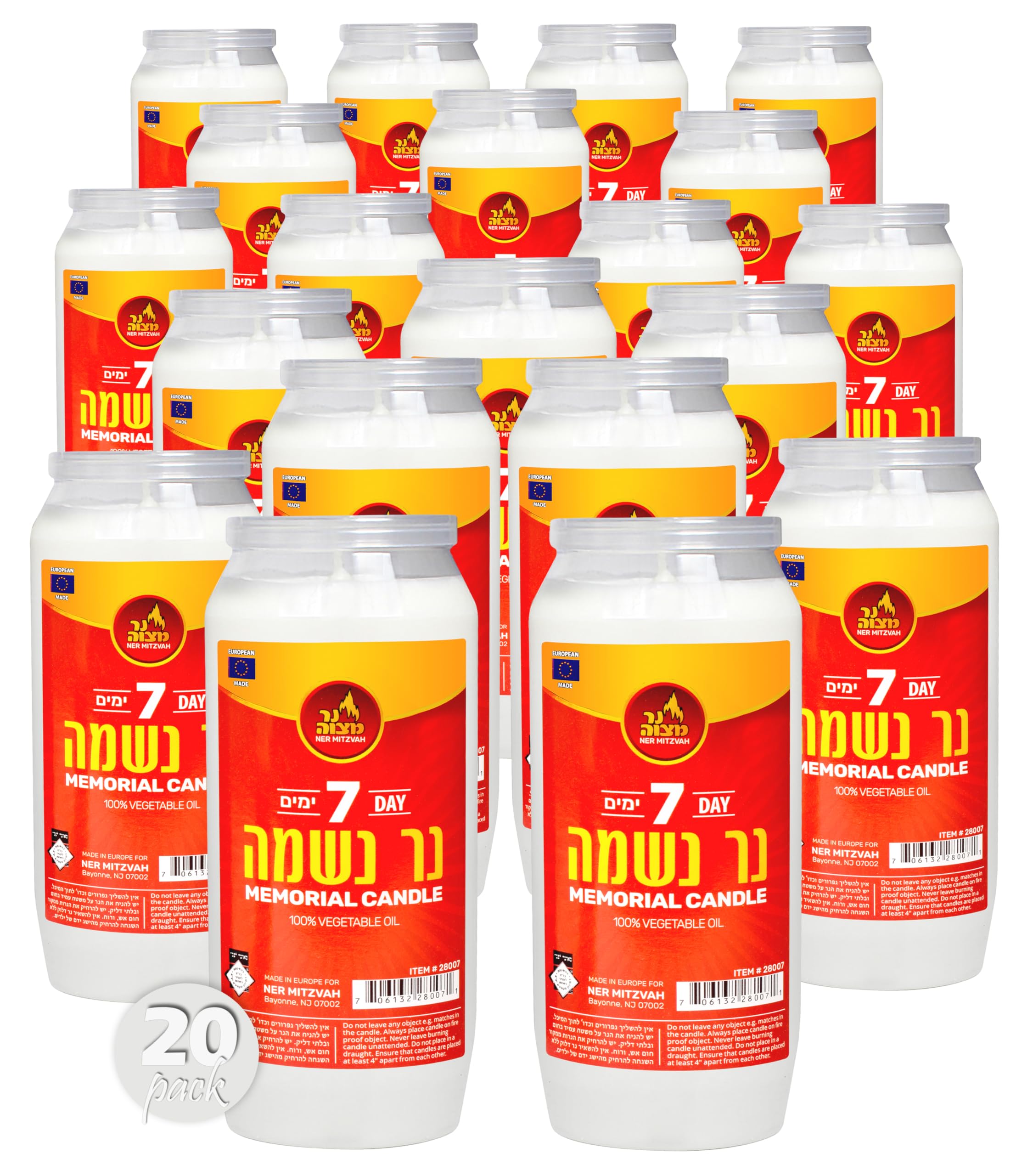 Ner Mitzvah 7 Day Yartzeit Candle - 20 Pack Kosher Yahrtzeit Memorial and Yom Kippur Candle in Plastic Holder