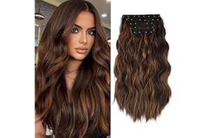 WECAN Clip In Long Wavy Synthetic Hair Extension 20 Inch 6pcs Auburn & Chestnut Thick Hairpieces Fiber Double Weft Hair For Women