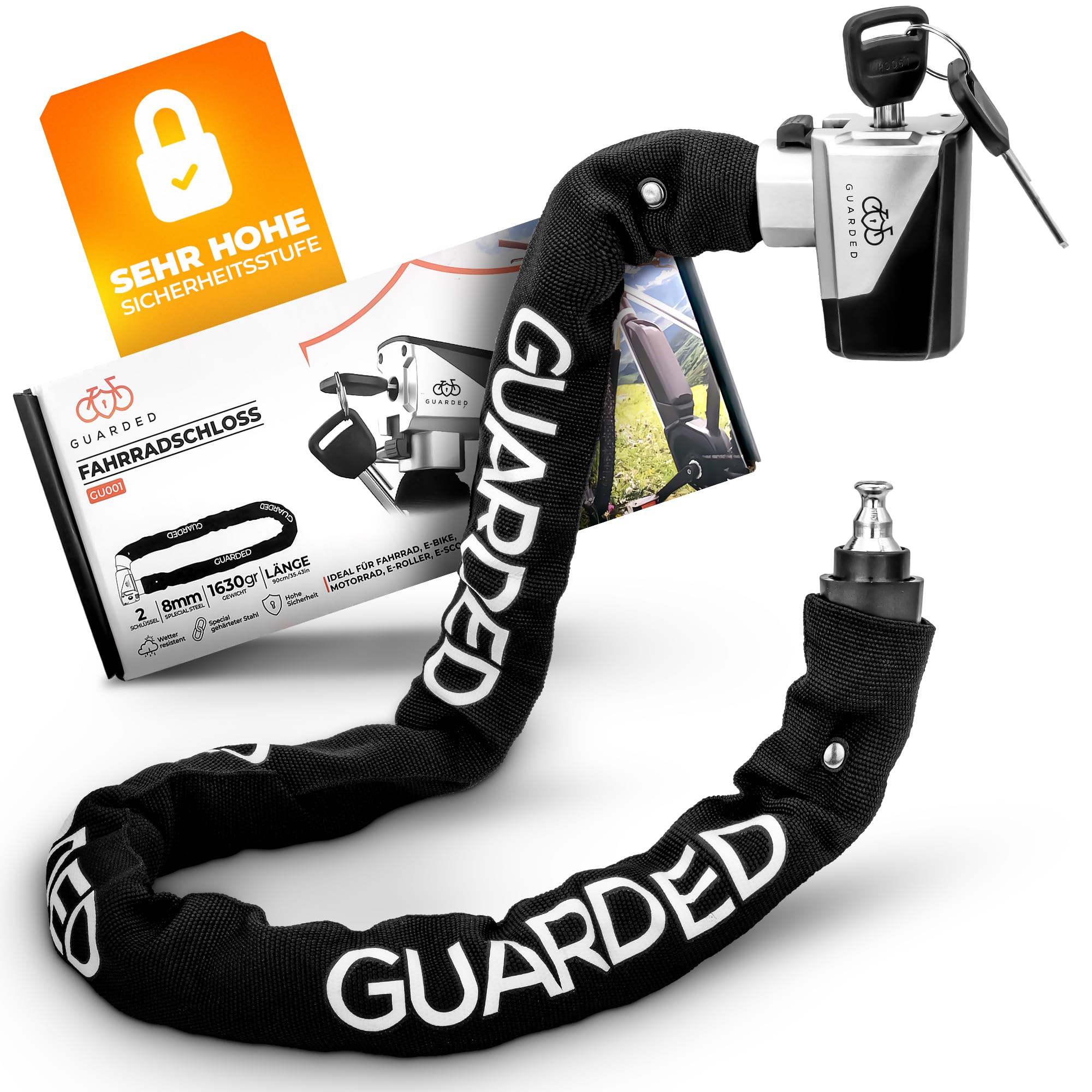 Grehge cycle Lock with Key, Chain Lock with 8 mm Steel Chain, High Security Level, Anti-Theft Bicycle Lock for E Scooter, E Bike, City Scooter, Motorcycle