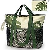 PASMAN Large Beach Bag with Zipper-8 Pockets Sandproof Beach Tote Bag for Women,Foldable Lightweight Family Swim Bag Vacation