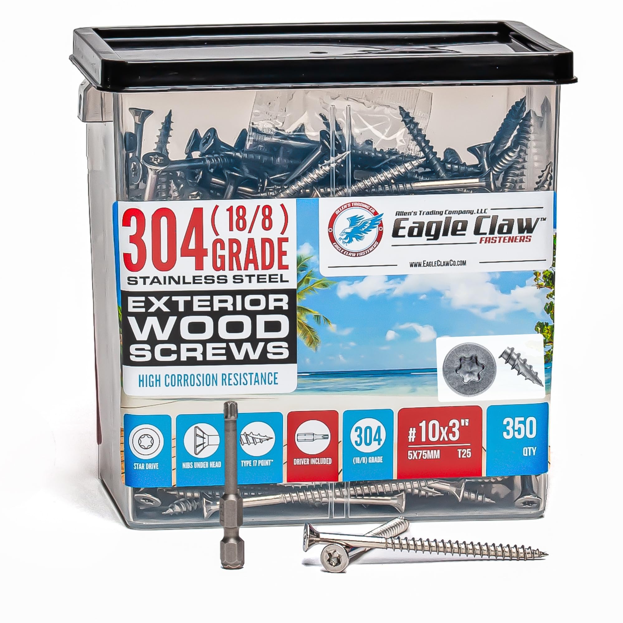 #10 x 3 Inch Stainless Steel Deck Screws 350 Pack 5 Pound T25 Star Drive Type 17 Point 18-8 (304) Grade Stainless Steel by Eagle Claw Fasteners — image 1