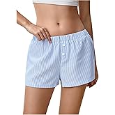 RoseSeek Women's Striped Button Up Boxer Shorts Elastic Waist Casual Mini Shorts Summer Lounge