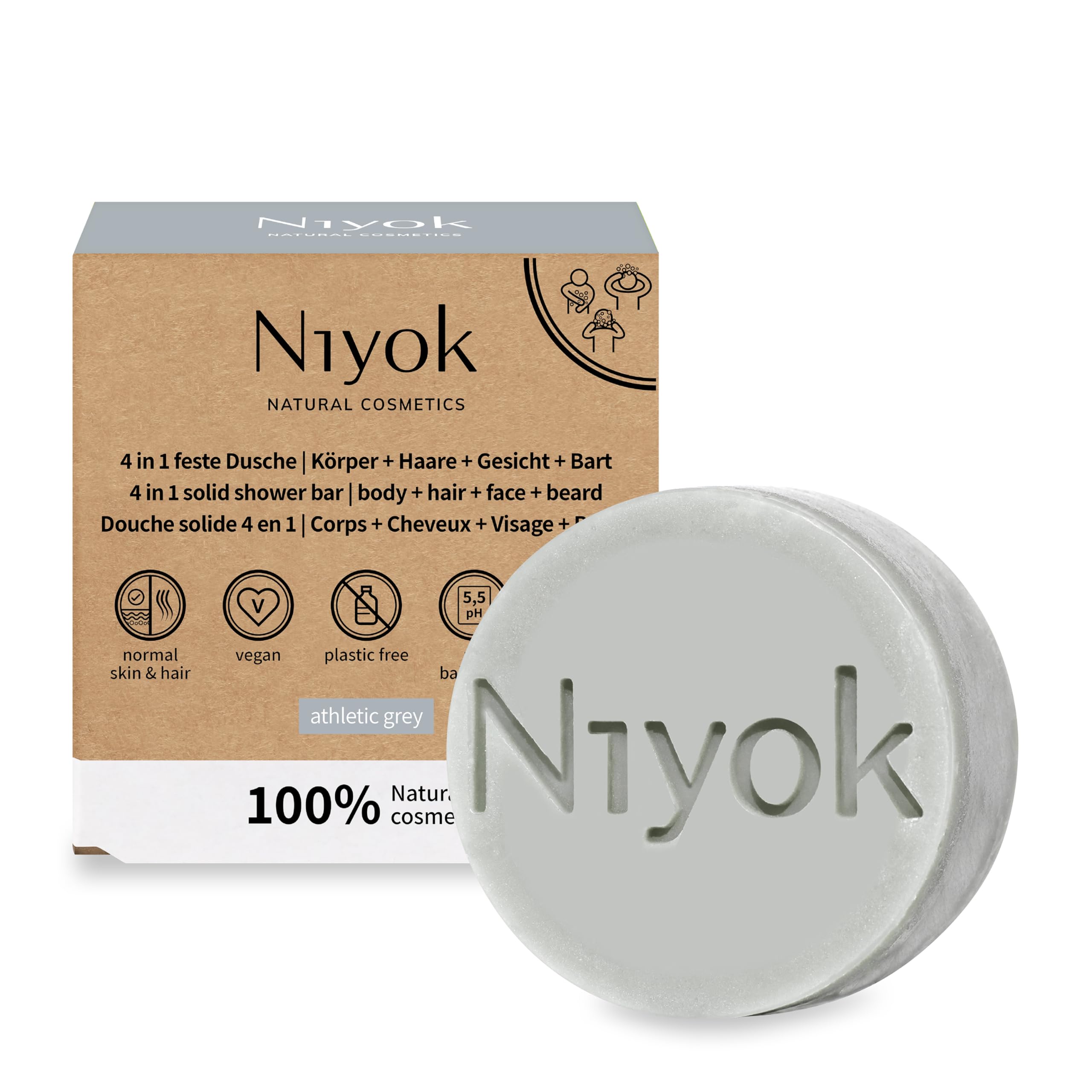 Niyok® 4 in 1 Fixed Shower,Body, Hair, Face and Beard,Skin-Neutral pH 5.5 Vegan Organic Plastic-Free,Like Beard Soap Natural Cosmetics without Plastic,Like Shower Soap for Men,Athletic Grey (80 g)