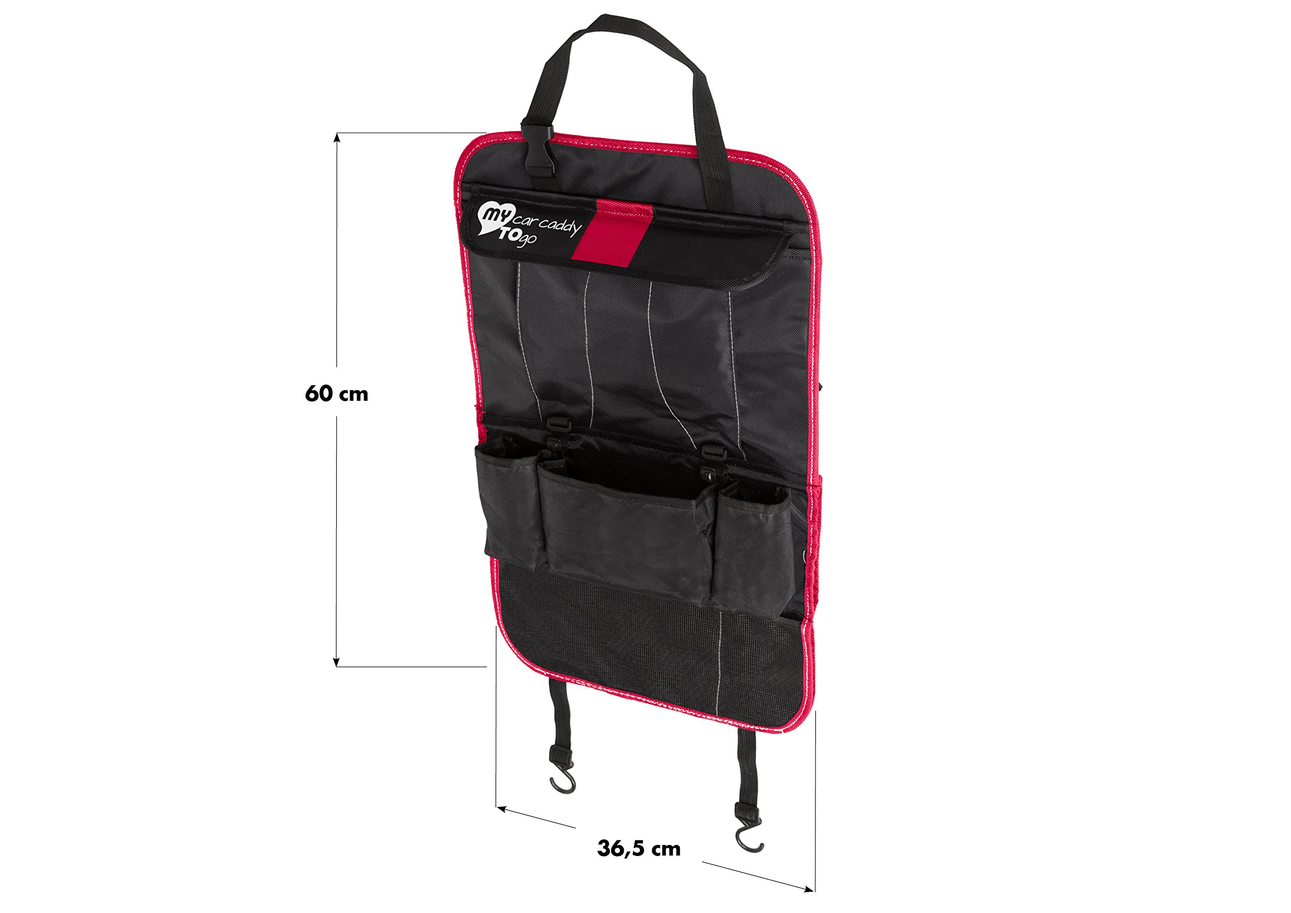 Protector asiento coche | organizador multi-bolsillos | MYCARCADDY TO GO | kick mat para ninos | evita arañazos y daños en el respaldo del asiento | con bolsillo para I-PAD tablet | NEGRO/ROJO