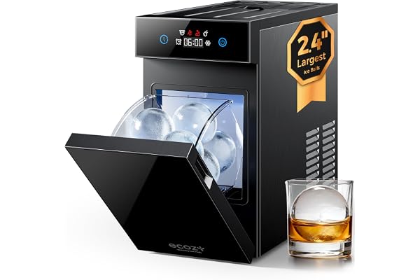 ecozy 2.4" Clear Ice Ball Maker Countertop with CrystalFlux Technology, Minimal Footprint Sphere Ice Maker with 8H Timer, 1 pcs in 40 Mins, 32 pcs/Day, Self-Cleaning for Home Bar Whiskey & Bourbon