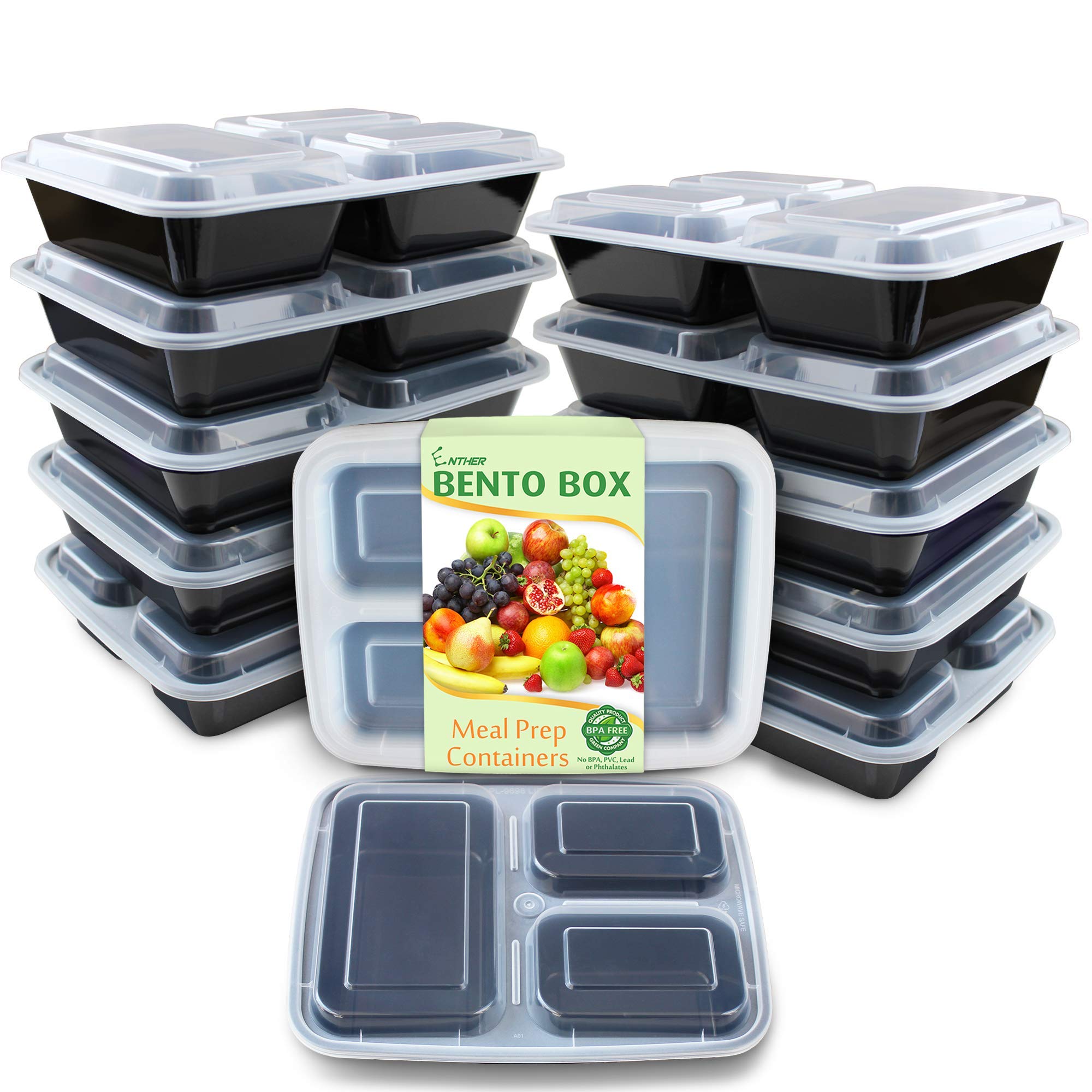 Enther Meal Prep Containers [12 Pack] 3 Compartment