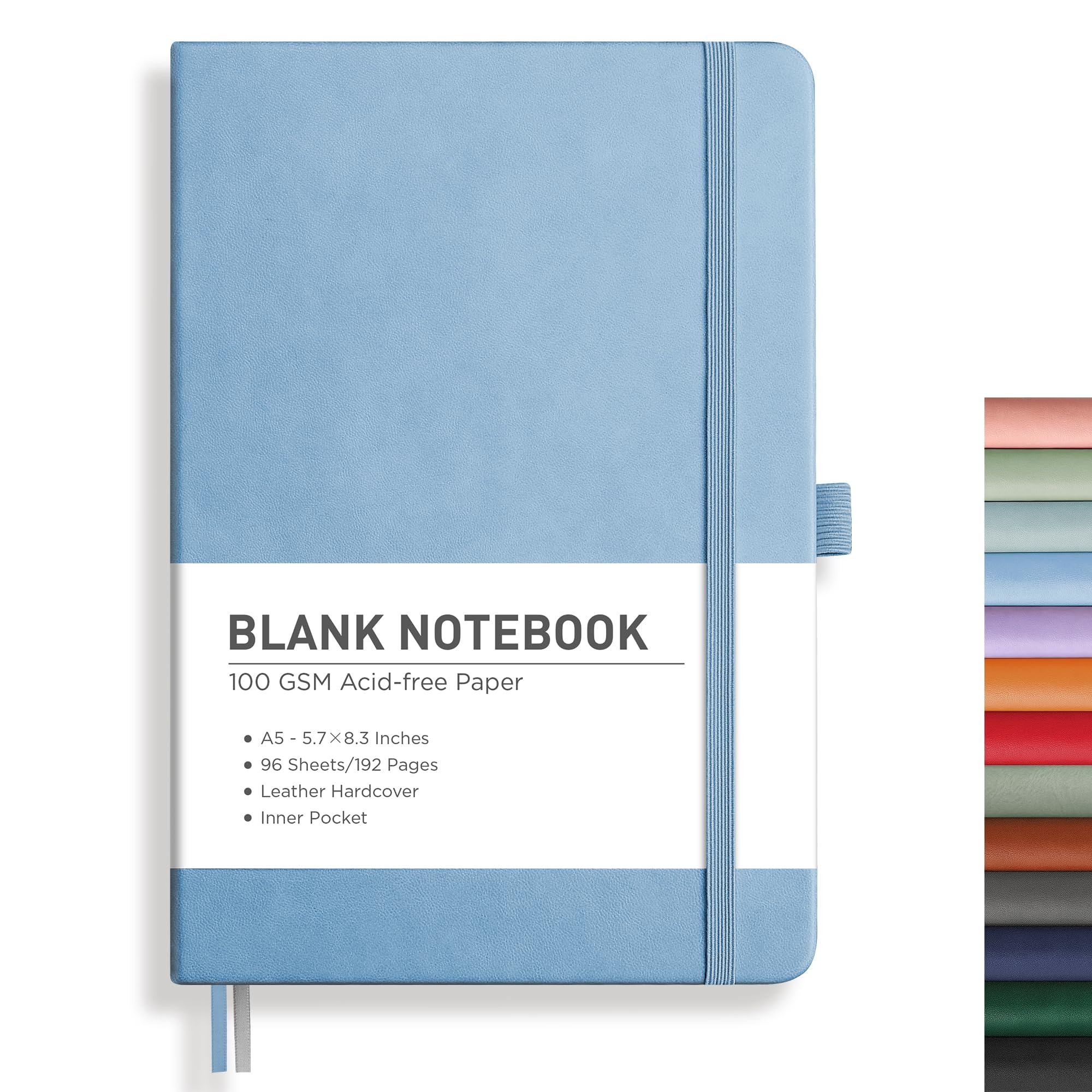 Photo 1 of RETTACY Blank Journal Notebook, 192 Pages, A5 Medium Size (5.7'' x 8.3''), Leather Hardcover, 100 GSM Thick Paper, for Sketching, Drawing, Painting (Light Blue)
