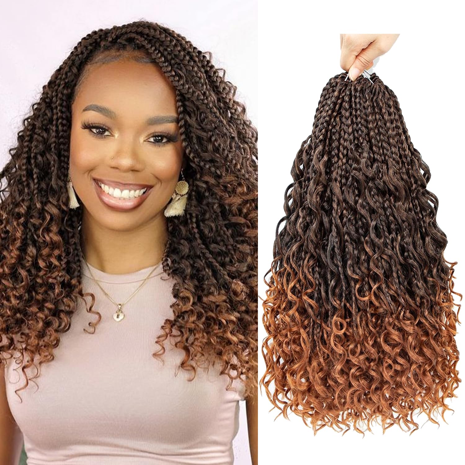 8 Packs Ombre Brown Crochet Hair Synthetic Braids Hair Extensions Crochet Braids Hair with Curly Ends Ombre Brown Braids Hair 14 Inch Box Boho (T30)