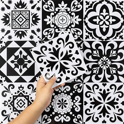 Hode Moroccan Tile Stickers 24pcs 15x15cm Peel and Stick PVC Vinyl Black White