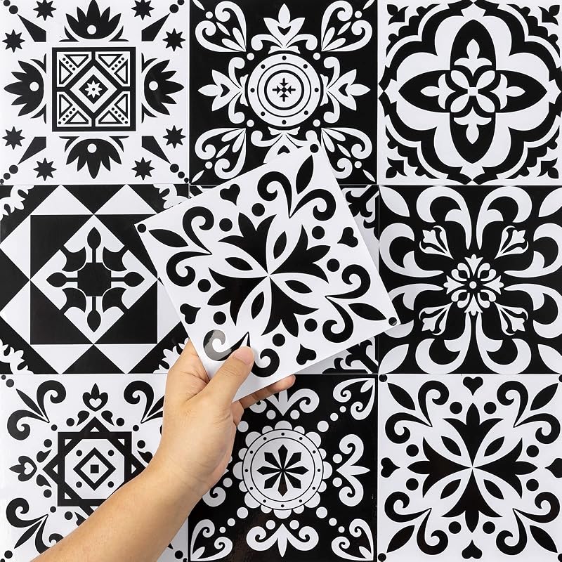 Hode Moroccan Tile Stickers 24pcs 15x15cm Peel and Stick PVC Vinyl Black White