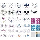 45 Pieces Face Paint Stencils Kit, 26 Reusable Face Painting Stencils with 4 Stickers 10 Painting Brushes, Face Body Painting Stencils for Kids Adult Halloween Party Makeup