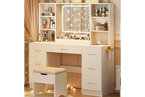 jiteentarou 47" Large Vanity Desk with Mirror and Lights, LED White Vanity Set with Stool and Power Outlet, Lighted Make up Vanity Desk with Drawers and 3 Lighting Modes for Women, Girls(White)