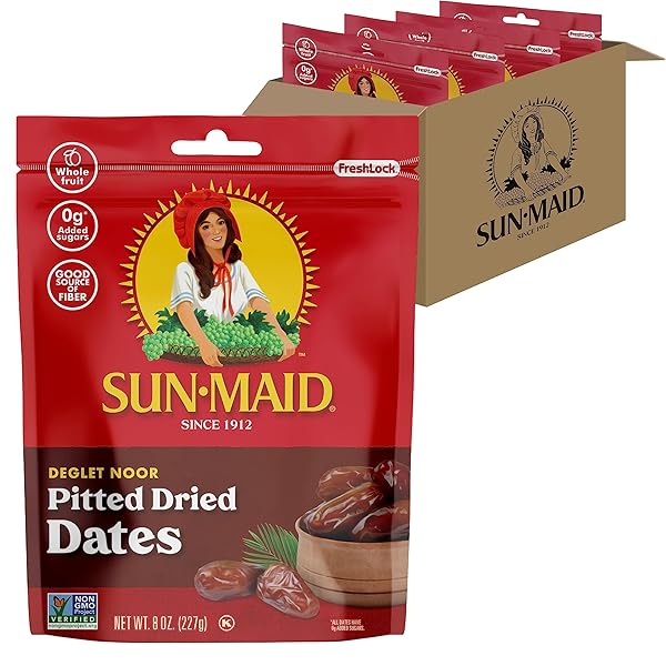 SUN-MAID DEGLET NOOR PITTED DRIED DATES 8 OZ RESEALABLE BAG – PITTED DEGLET NOOR DATES DRIED FRUIT SNACK FOR LUNCHES, SNACKS, AND NATURAL SWEETENERS