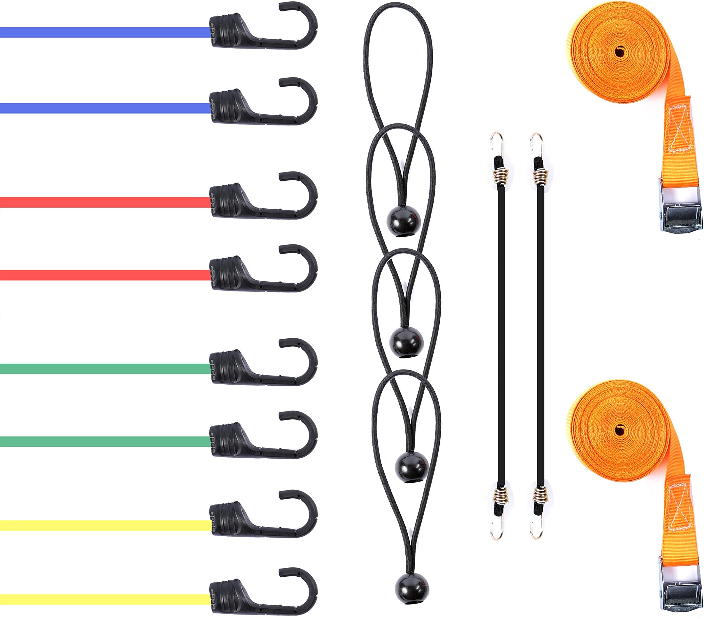 SIMALA Premium 16 Piece Bungee Cord, Ball Bungee Canopy Ties & Cambuckle Lashing Tie Down Straps Set in Jar