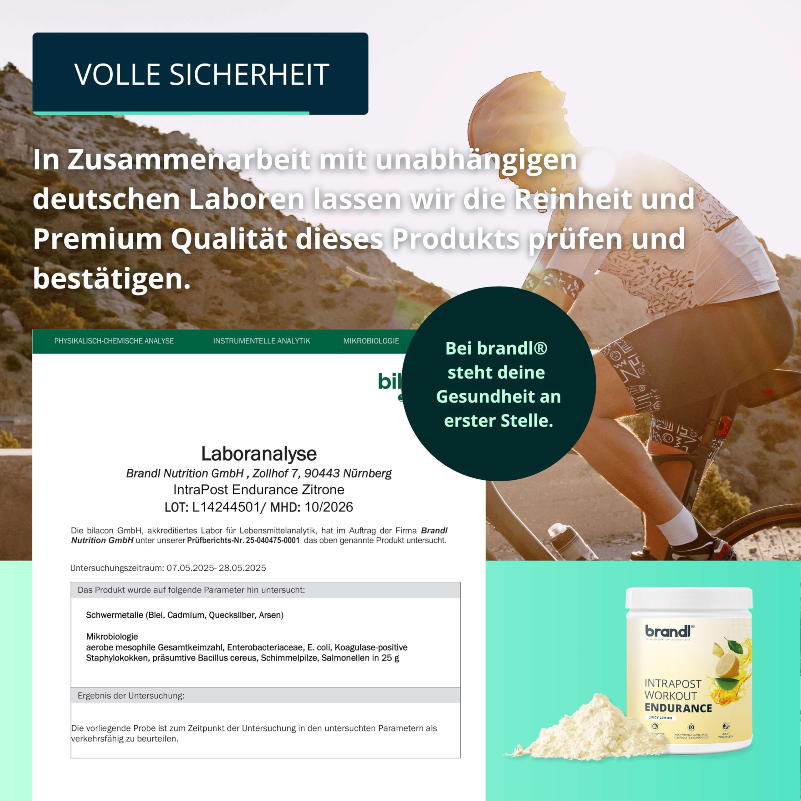 Sport all-in-One Ausdauer-Drink Endurance - hochwertige Elektrolyte, Kohlenhydrate, EAAs & Superfoods - Isotonisches Getränkepulver lemon by brandl® - Electrolytes, Eiweiß - 600g Intrapost Workout 5