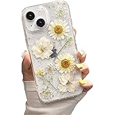 IAIYOXI for iPhone 16 Clear Case with Pressed Real Flowers Design - Glitter Cute White Floral Pattern, Slim Soft TPU Protective Phone Cover for Women and Girls (iPhone 16, Clear White)