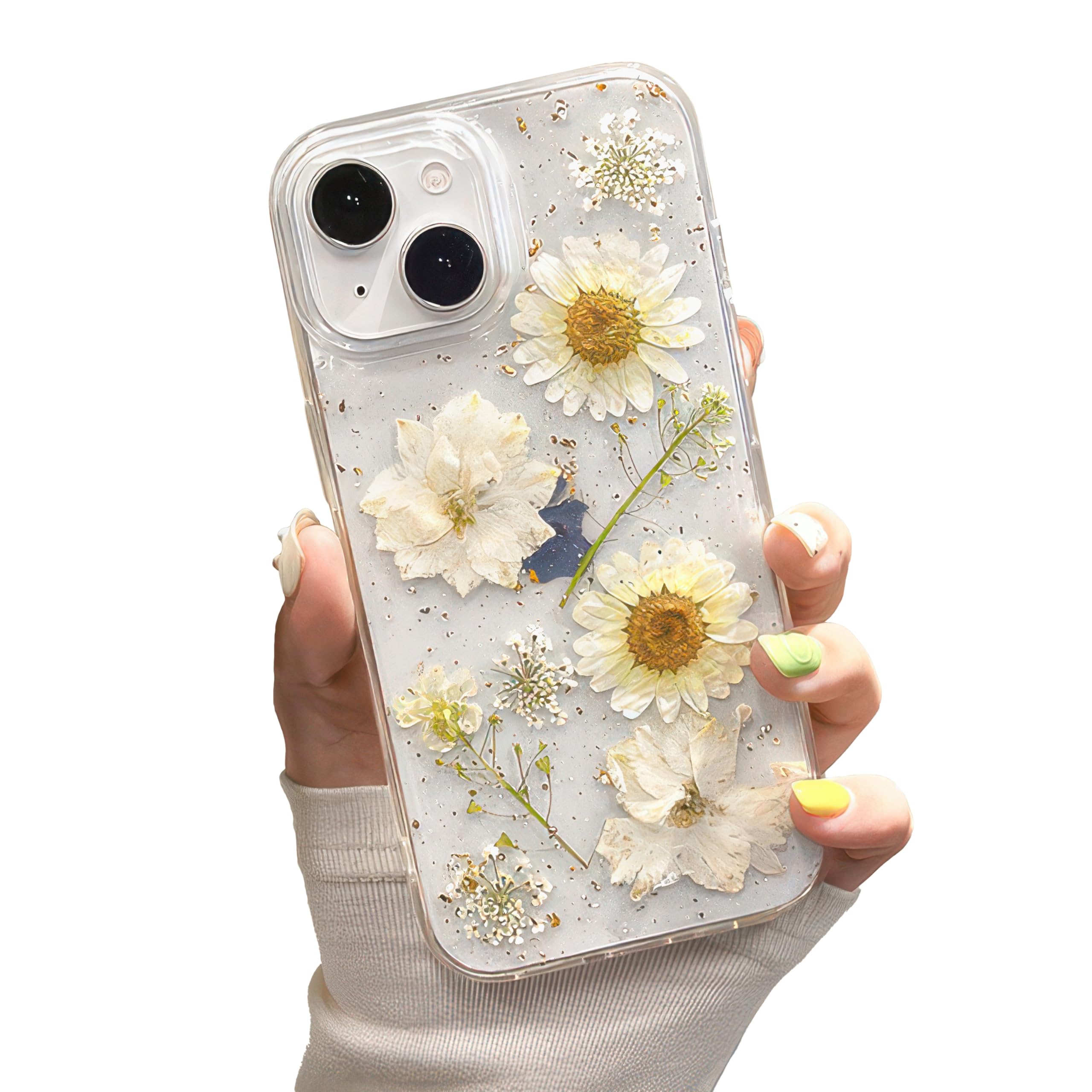 IAIYOXI for iPhone 17 Pro Max Clear Case with Pressed Real Flowers Design - Glitter Cute White Floral Pattern, Slim Soft TPU Protective Phone Cover for Women and Girls (Clear White)