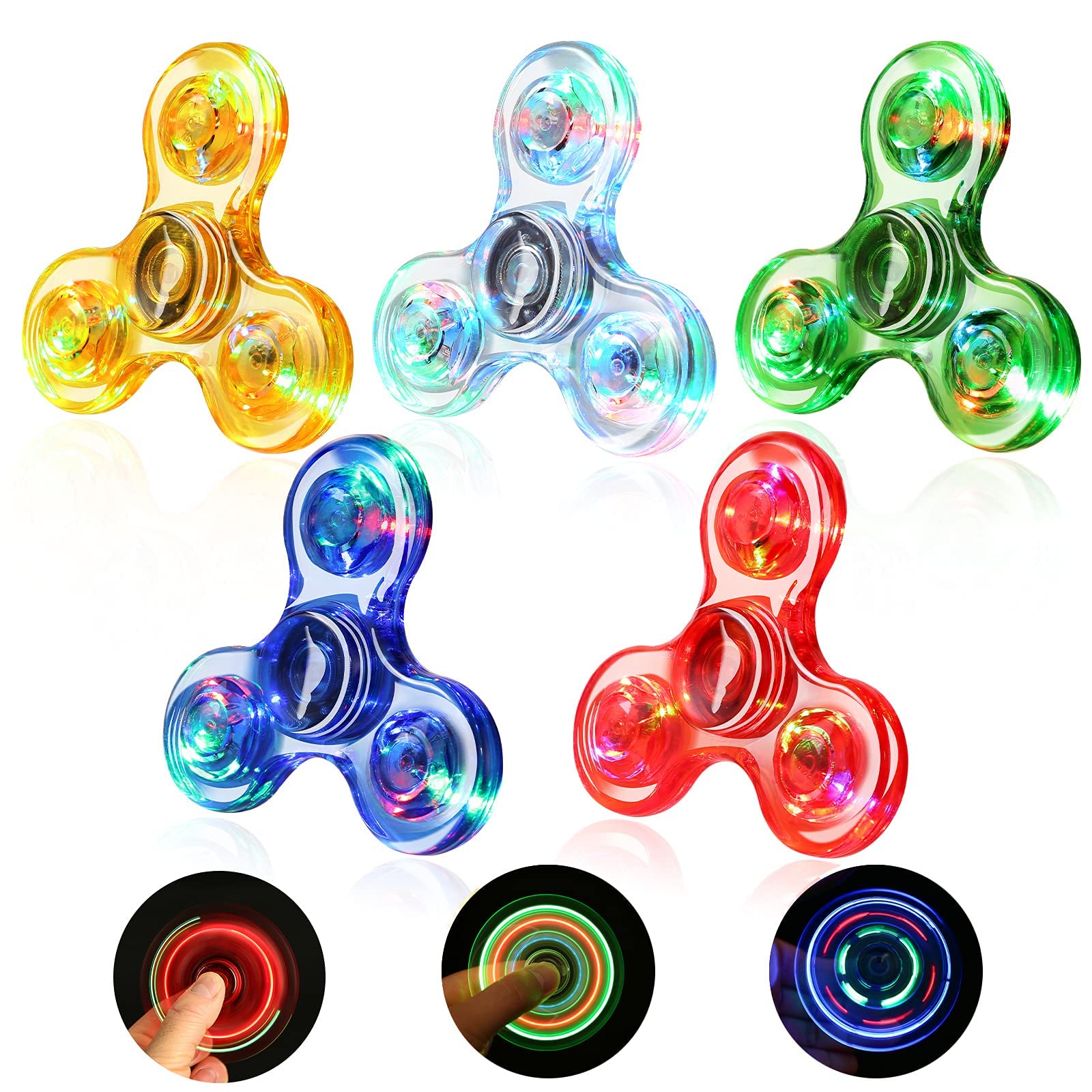 SCIONE Fidget Spinner LED 5 Pack, Crystal Light Up Fidget Toys for Pass the Parcel Prizes, Party Bag Fillers and Gifts,Anxiety & Stress Relief Hand Spinner for Kids & Adults