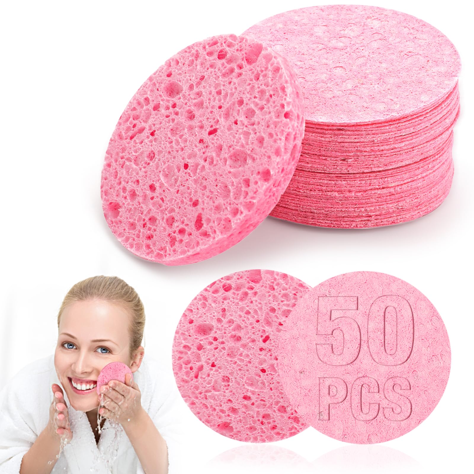 50Pcs Compressed Face Sponges, Facial Sponges Face Sponge Cleansing 100％ Natural Wood Pulp Cotton Faces Cleansings Pads for Daily Facial Cleansing Makeup Remover (2.3 In, Pink)