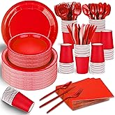 TWOWYHI 228PCS Red Party Supplies Set Include Paper Plates Cups Red Napkins Plastic Spoons Forks Knives for 30 Guests Disposable Party Dinnerware for Birthday Wedding Family Picnic
