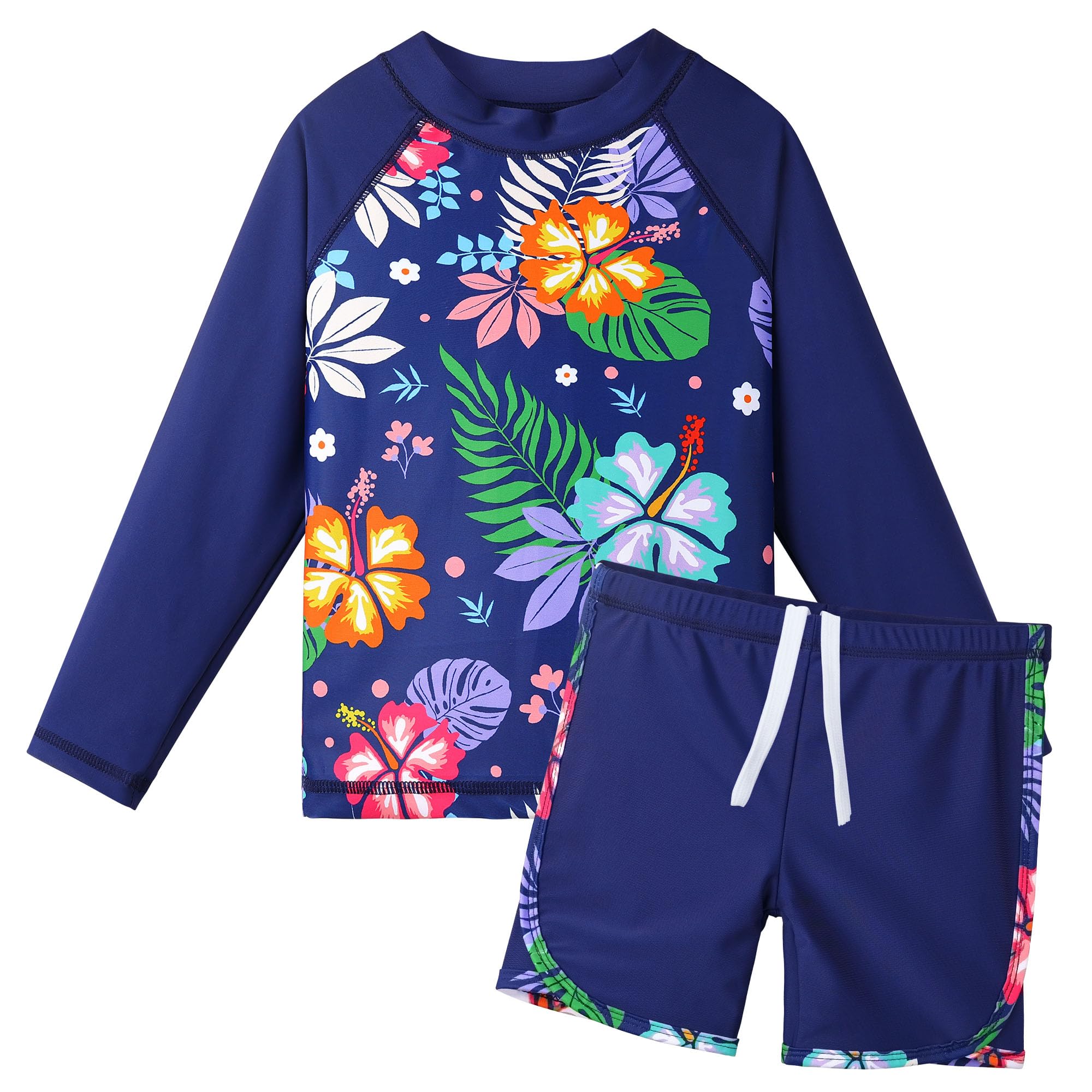 HUAANIUE Girls 2PCS Longsleeve Swimsuit Sunsafe Swimwear Kids Summmer Print Flower Swim Sets Sun Protection UPF 50+ Swimming Costume for Girl 3-11Y