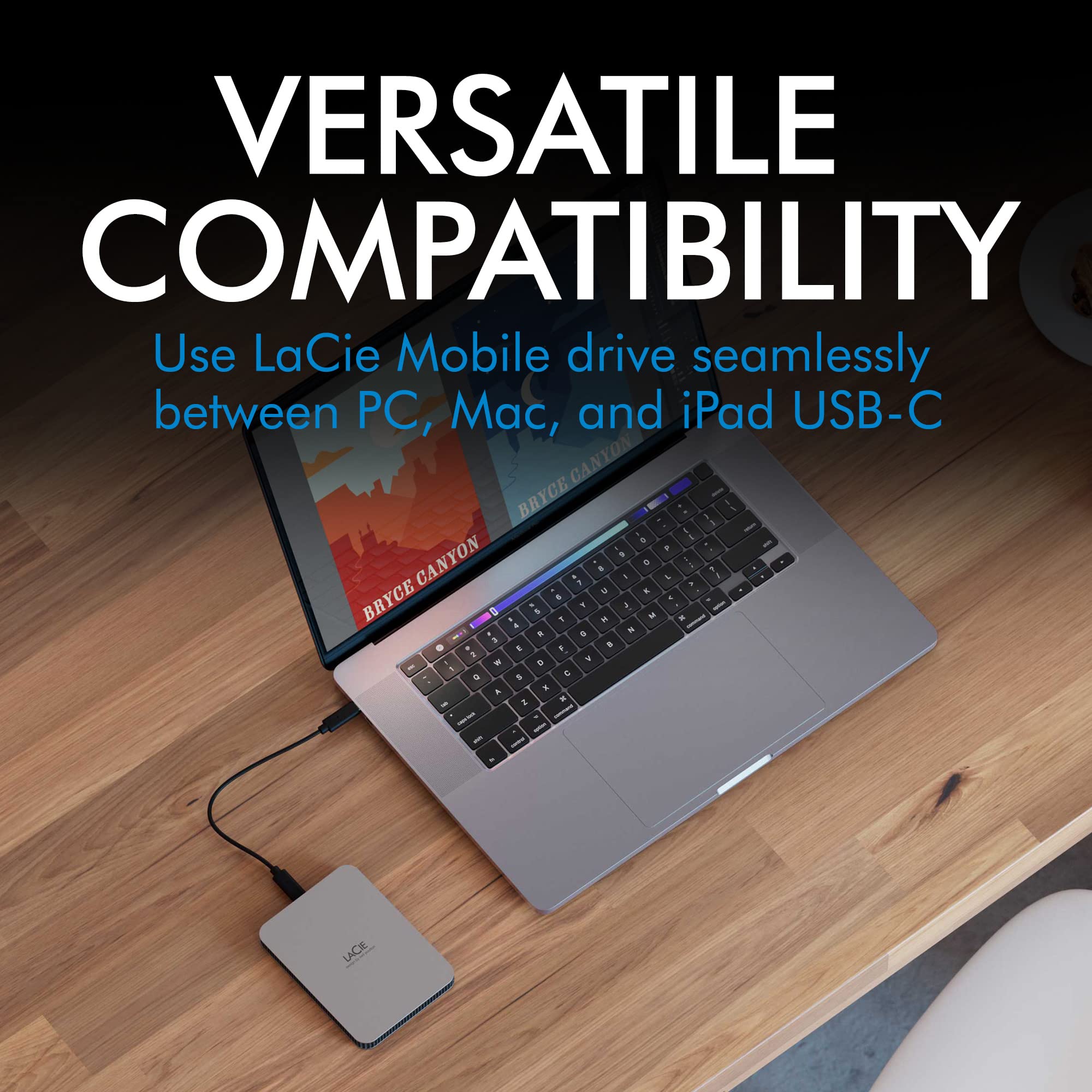 LaCie Mobile Drive 1TB, Draagbare Externe harde schijf, voor pc en Mac,USB-C 3.2, gerecyclede materialen, inclusief Adobe All Apps, Zilver, Data Rescue Service (STLP1000400)