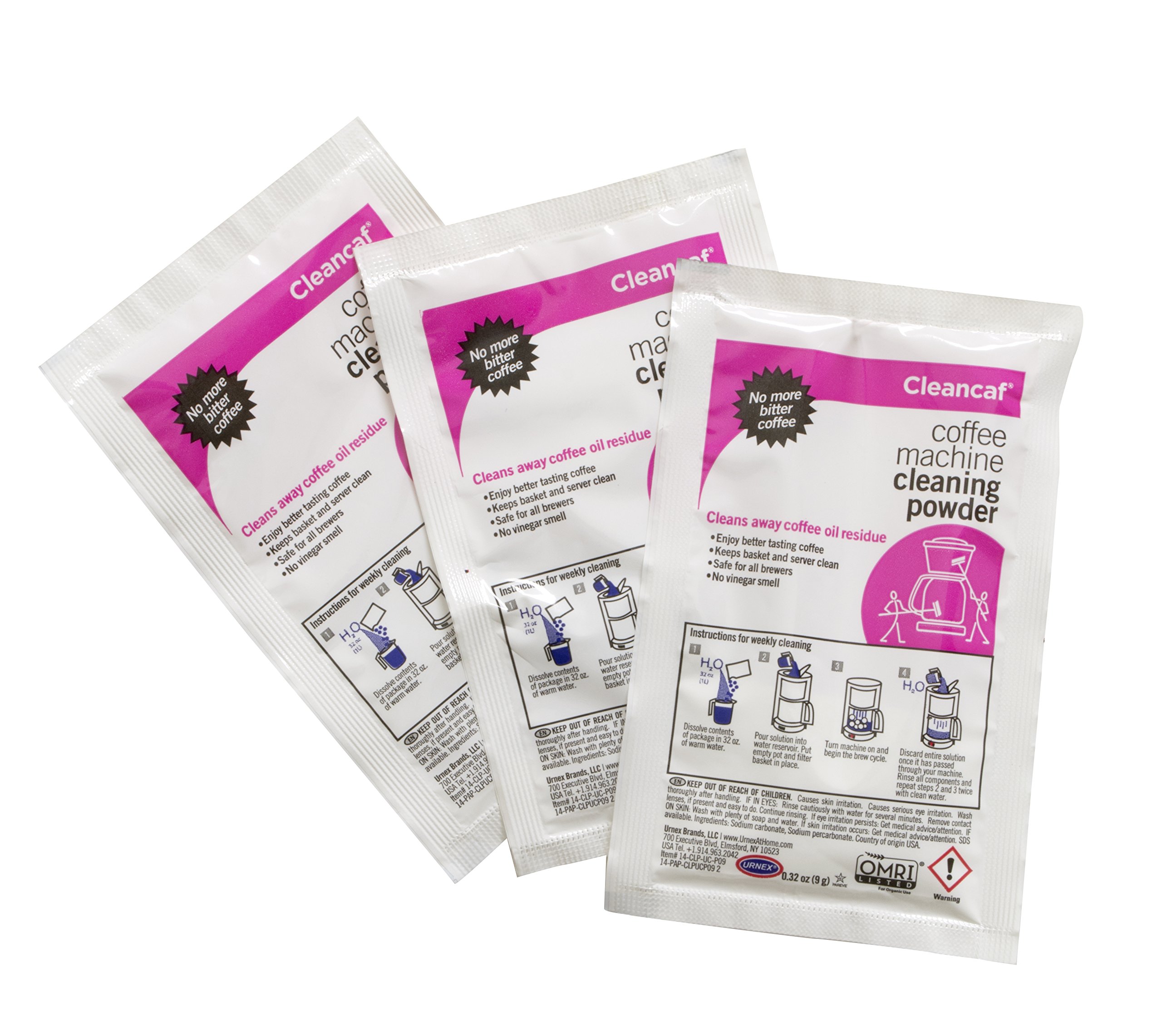 Urnex Coffee Maker and Espresso Machine Cleaner Cleancaf Powder - 3 Packets - Safe On Keurig Delonghi Nespresso Ninja Hamilton Beach Mr Coffee Braun