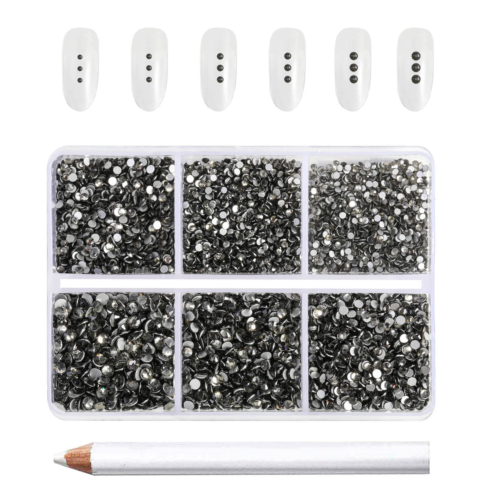 Beadsland 7200 Pcs Flatback Rhinestones for Nails,Gray Round Small Crystal Glass Rhinestones Gems for Crafts,Mixed 6 Sizes with Wax Pencil Kit,SS3-SS10,Black Diamond