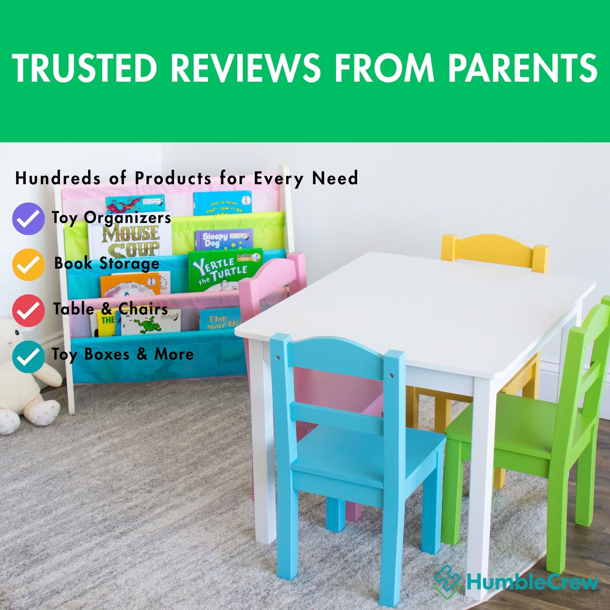 Humble Crew 4-Tier Kids Bookshelf, White Wood/Pastels - Premium Book Shelf for Kids Rooms with Four Deep Pockets - Toddler Sling Book Rack with Deep Sleeves, Nursery Bookcase Organizer