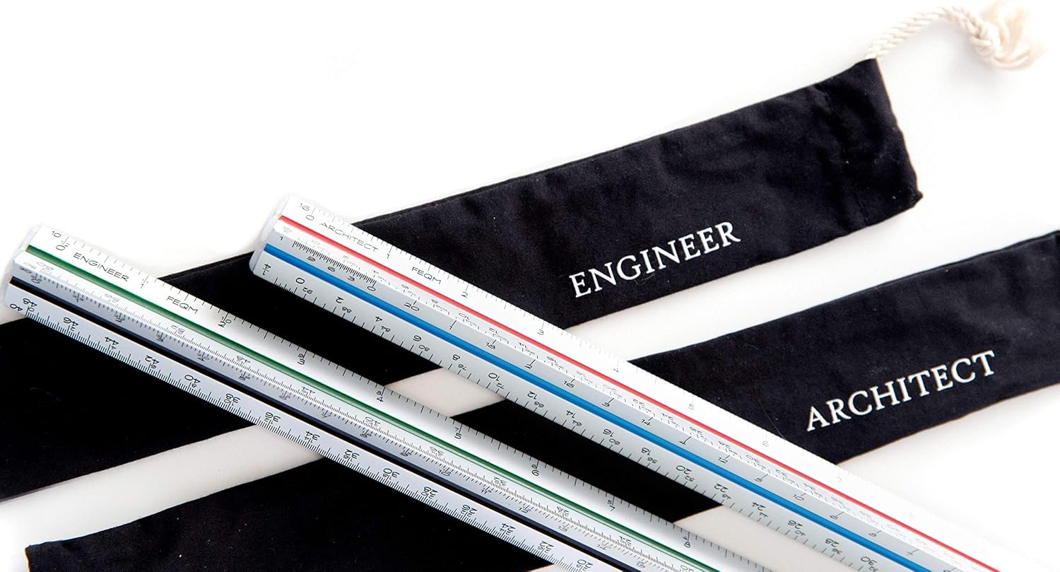 Architectural Scale Ruler (Imperial) and Engineer Scale Ruler Set - Two 12 Inch Aluminum Triangular Scale Rulers with Protective Sleeves : Office Products