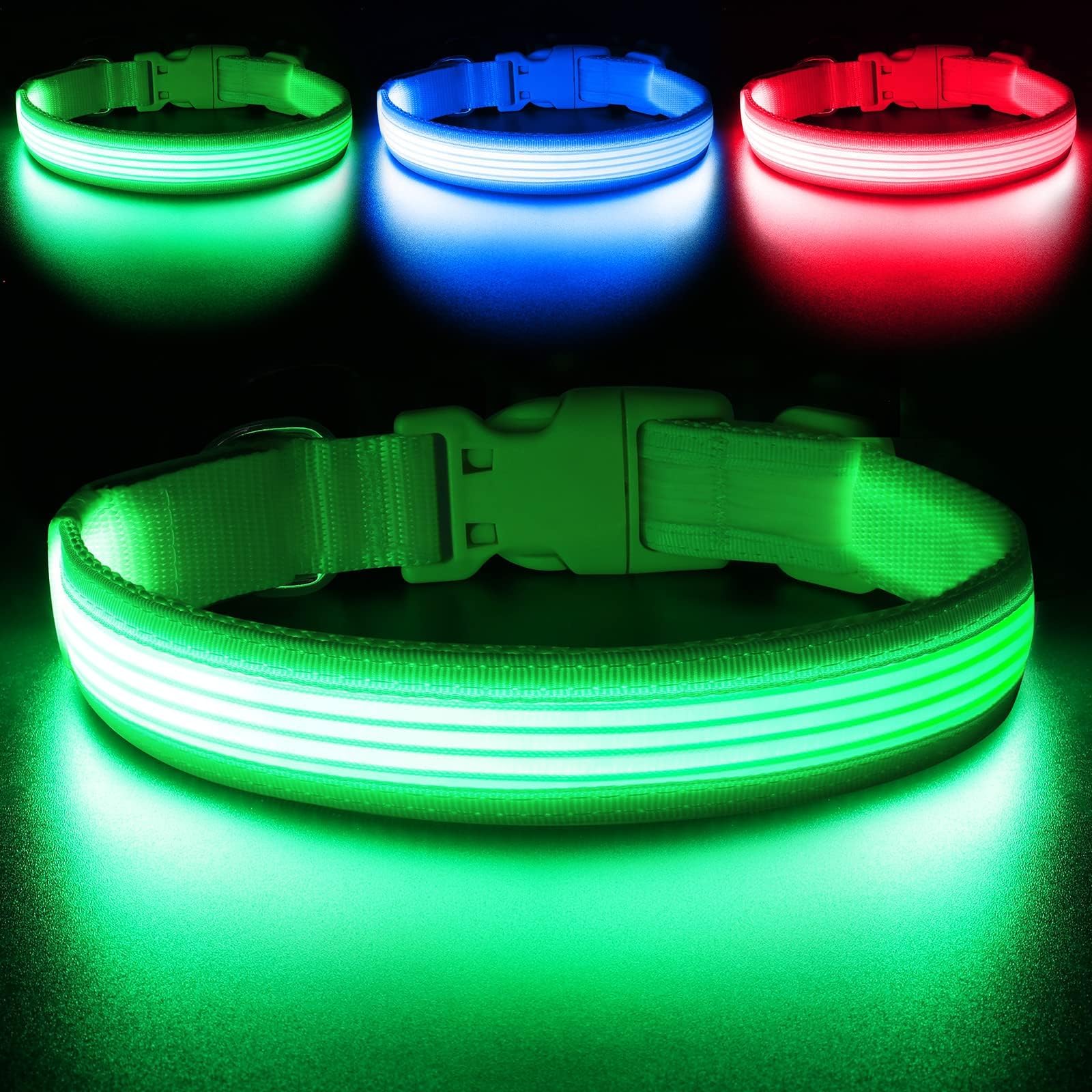 YFbrite Light up Dog Collar, USB Rechargeable LED Pet Collar, Flashing Night Visibility Neckwear, Adjustable Reflective Collar Glow in the Dark for Safety Glowing (Design 2-Green, Medium)