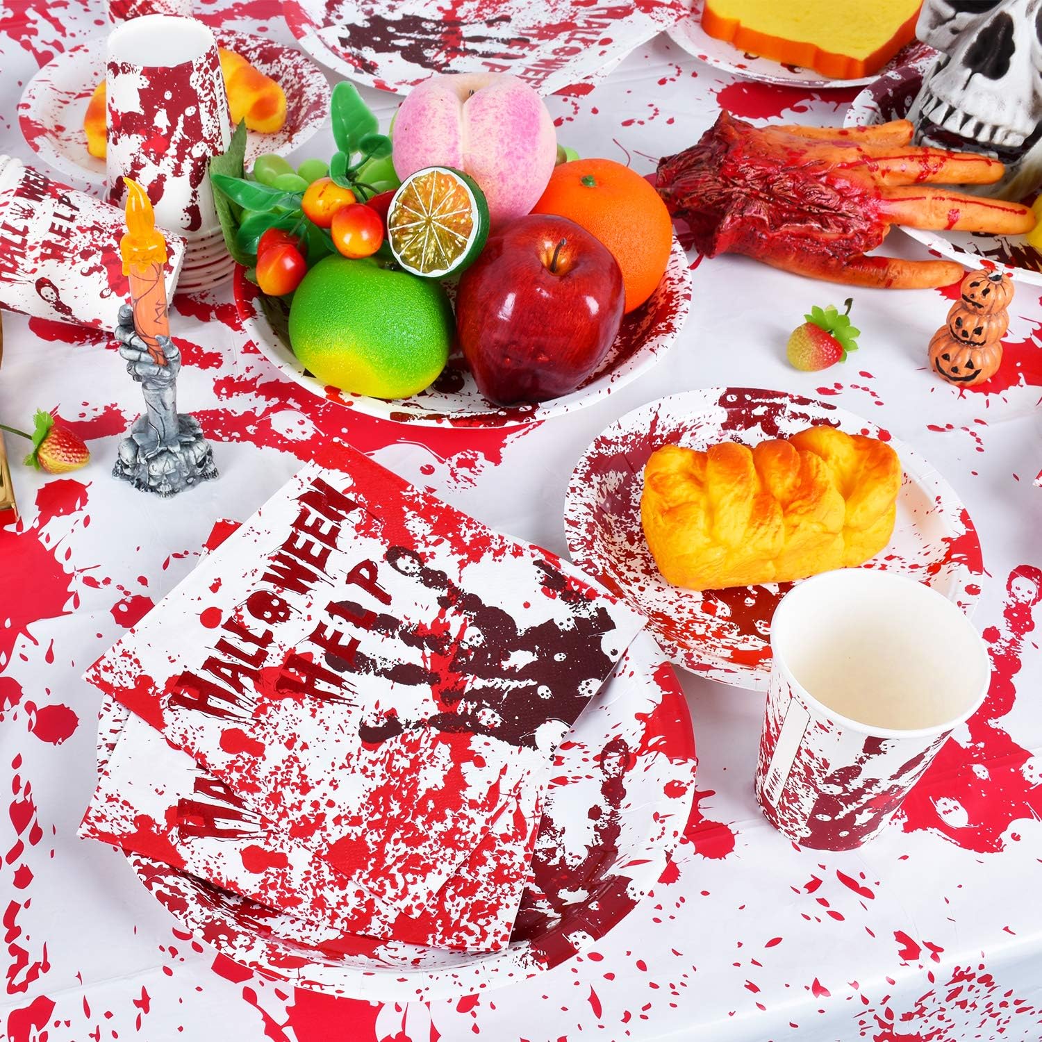 Bloody Handprint Halloween Paper Plates Set Serve 25 Spooky Party Decoration Disposable Plates Napkins Cups Rectangular Tablecloth and Happy Halloween Banner: Health & Personal Care
