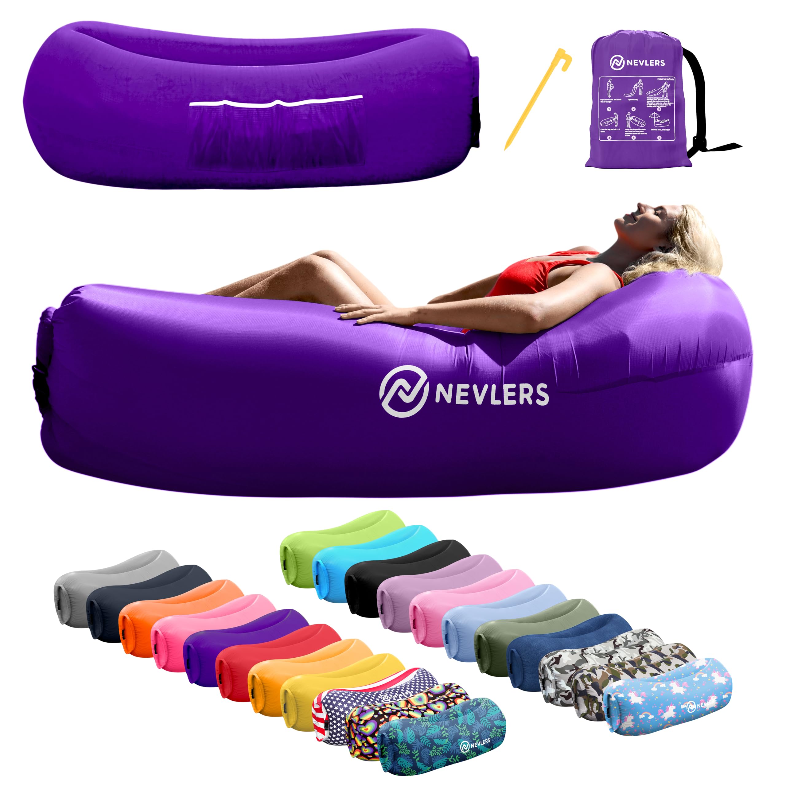Photo 1 of Nevlers Purple Inflatable Lounger | 210T Polyester Air Sofa | No-Pump Blow Up Couch | Compact Lounger Inflatable Couch w/ 450lbs. Cap., Pockets & Matching Bag | Use as Camp Chairs for Adults & Kids