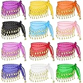 AHQiZFX 12 Pcs Belly Dance Skirt, Sequin Tassel Skirt Wrap Sparkly Tinsel Fringe Skirts with Sequins and Coins, Performance Costume for Women