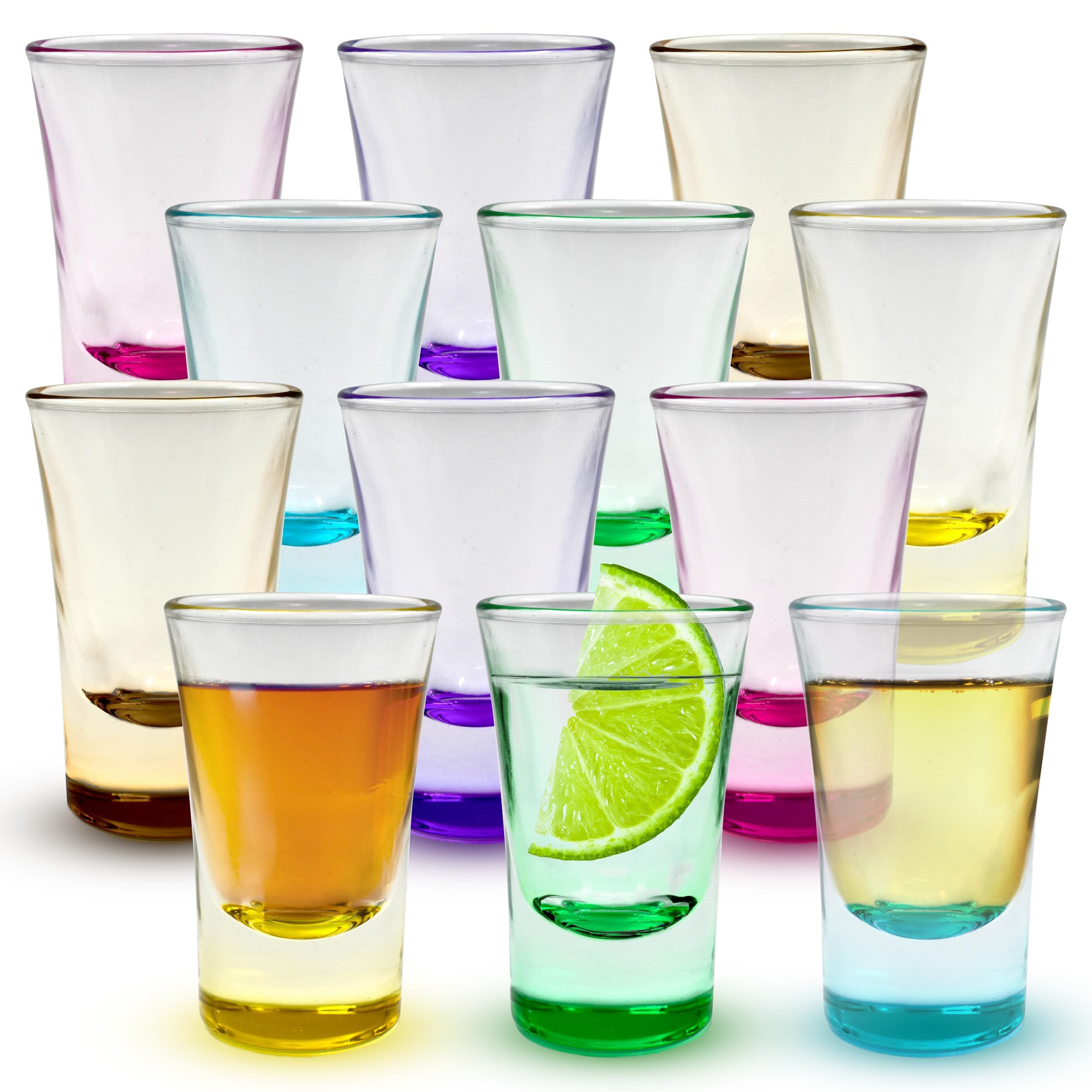 Volila Coloured 25ml - 12 Pack Heavy Base Classic Shot Glasses - Set for Alcohol Shots, Vodka, Expresso, Tequila & Desserts - Durable and Reusable for Home, Bars & Party