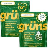 Gr&uuml;ns Multivitamin Greens Gummies Low Sugar + Sugar Free, 2x28 Pack | Superfood multivitamin greens gummies, supports digestive system, prebiotic fiber, minerals, adaptogens, antioxidants, vegan
