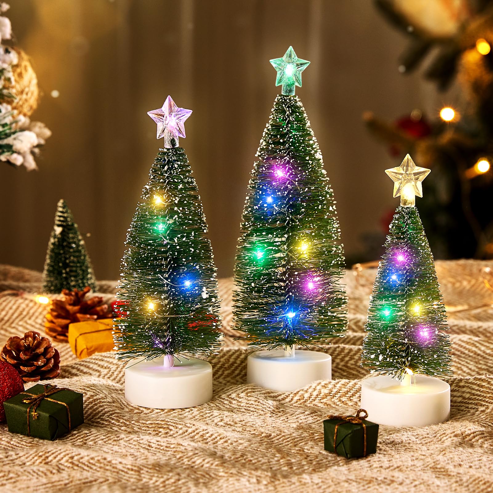 Warmiehomy 3pcs Small Christmas Tree with Lights Table Top Artificial Christmas Trees Decorations Christmas Ornaments Baubles LED Xmas Trees for Office Living Room Bedroom Home Decor, 4 Colour Light