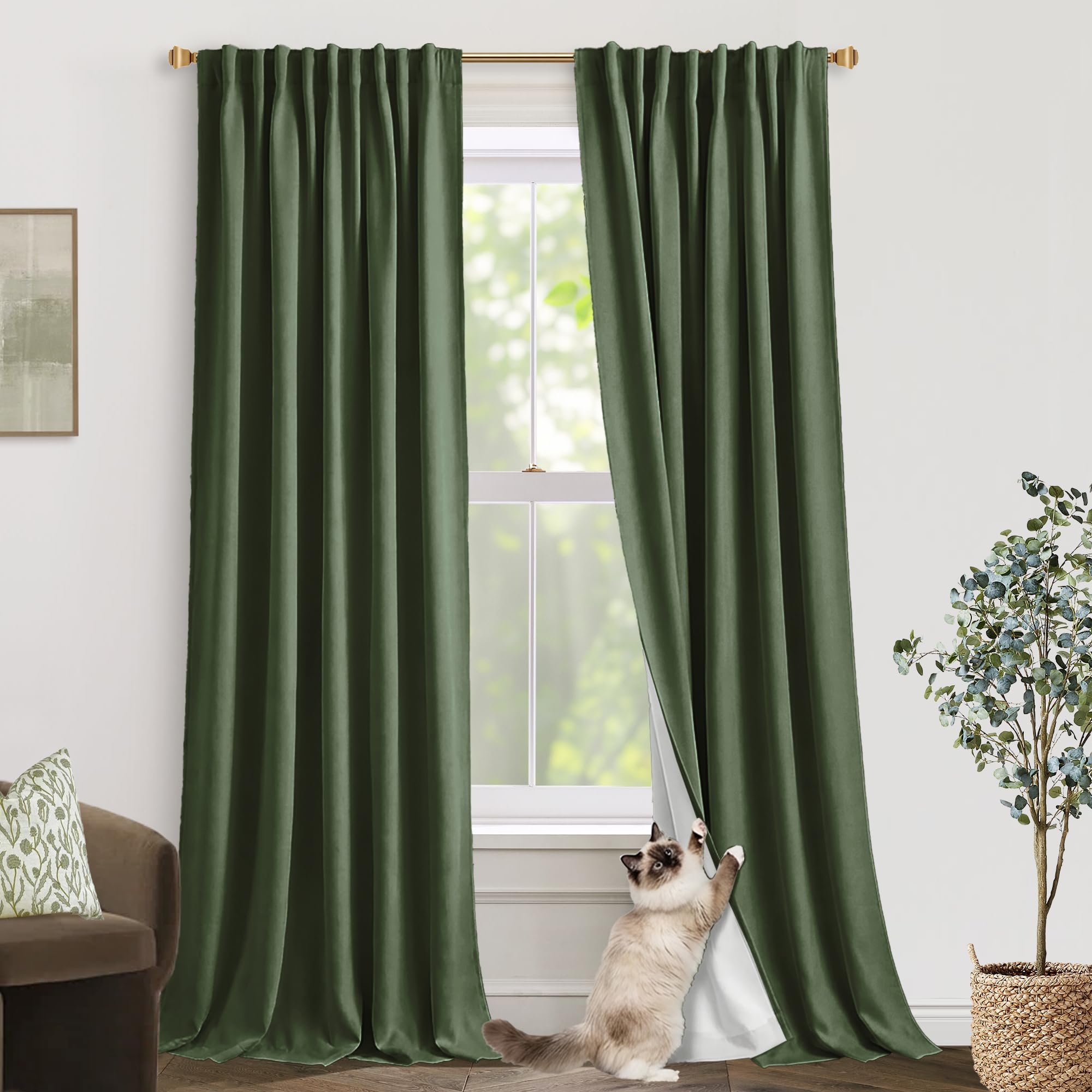 Photo 1 of 108 Inches Long Curtain Panels Set of 2,Blackout Linen Pleated 9 FT Black Out Curtains for Living Room,Dark Olive Green