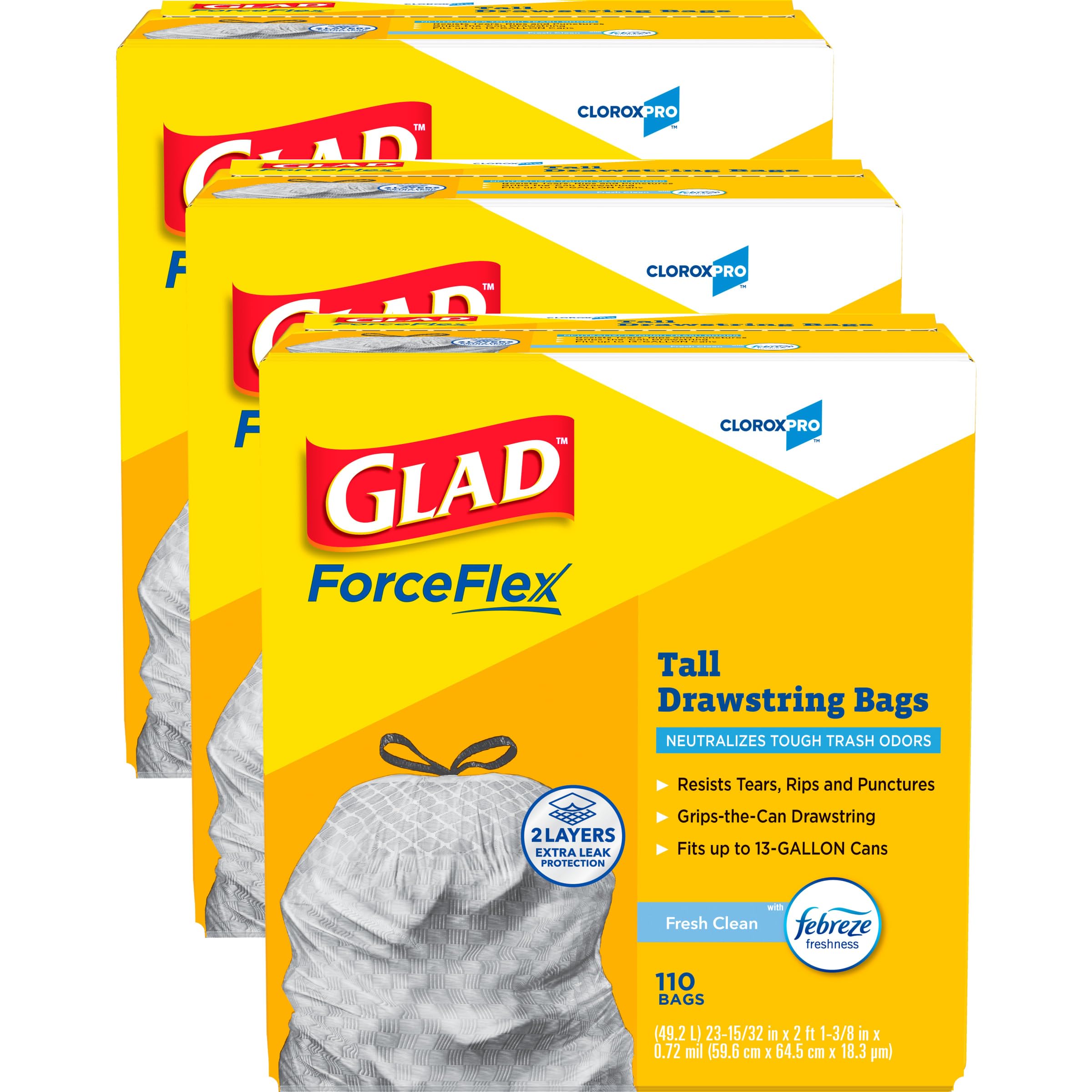 CloroxPro Glad Forceflex Kitchen Trash Bags, 13 Gal, Fresh Clean, 110 Ct, Pack of 3 (Pack May Vary)
