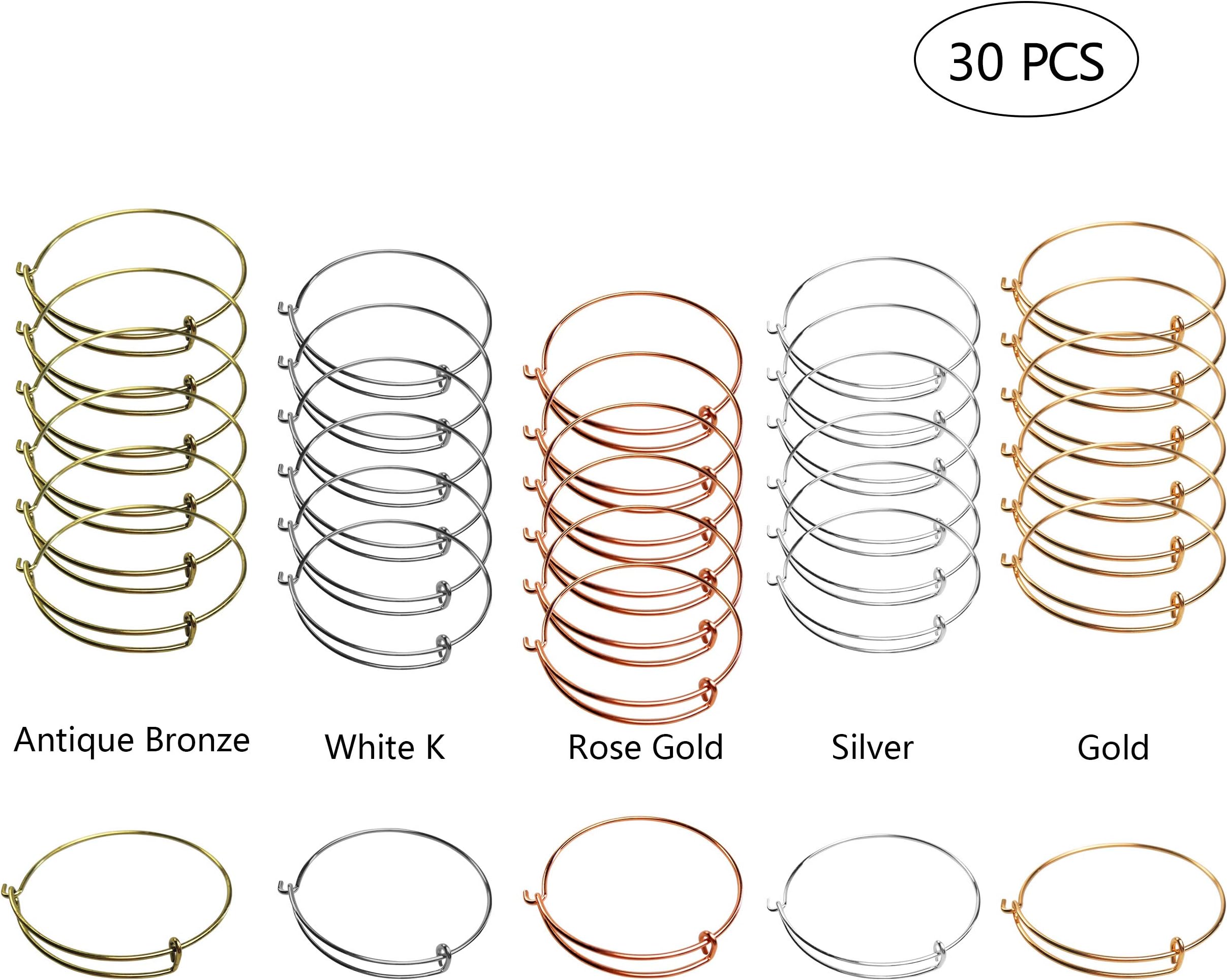 30 PCS Expandable Bangle Bracelet Adjustable Wire Blank Bracelet Expandable Bangle for DIY Jewelry Making Charms Bracelets (Silver White K Antique Bronze Gold Rose Gold)