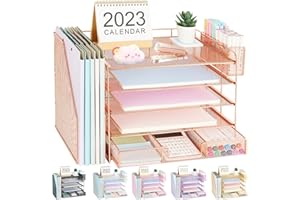 Gugsey Desk Organizer, 5-tier Paper Letter Tray Organizer with File Holder + Drawer + Pen Holder, Desk Organizers and Accessories for Woman, Office Organization for Office Supplies(Rose Gold)