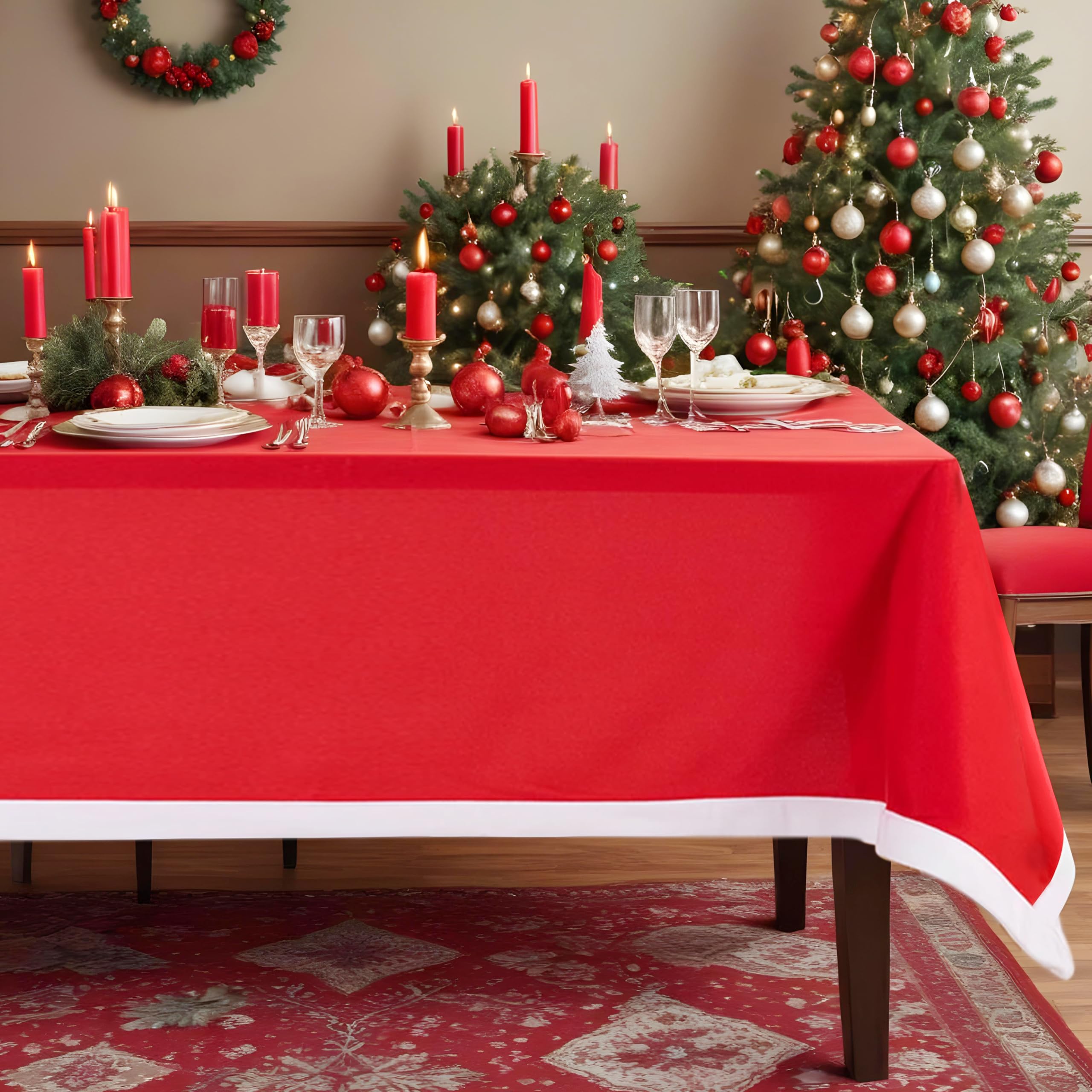 Trimming Shop Christmas Red Tablecloth, 178cm x 132cm Rectangular Felt Table Cover with White Trim, Xmas Dining Table Decoration, Holiday Dinner & Party Supplies - Pack of 1