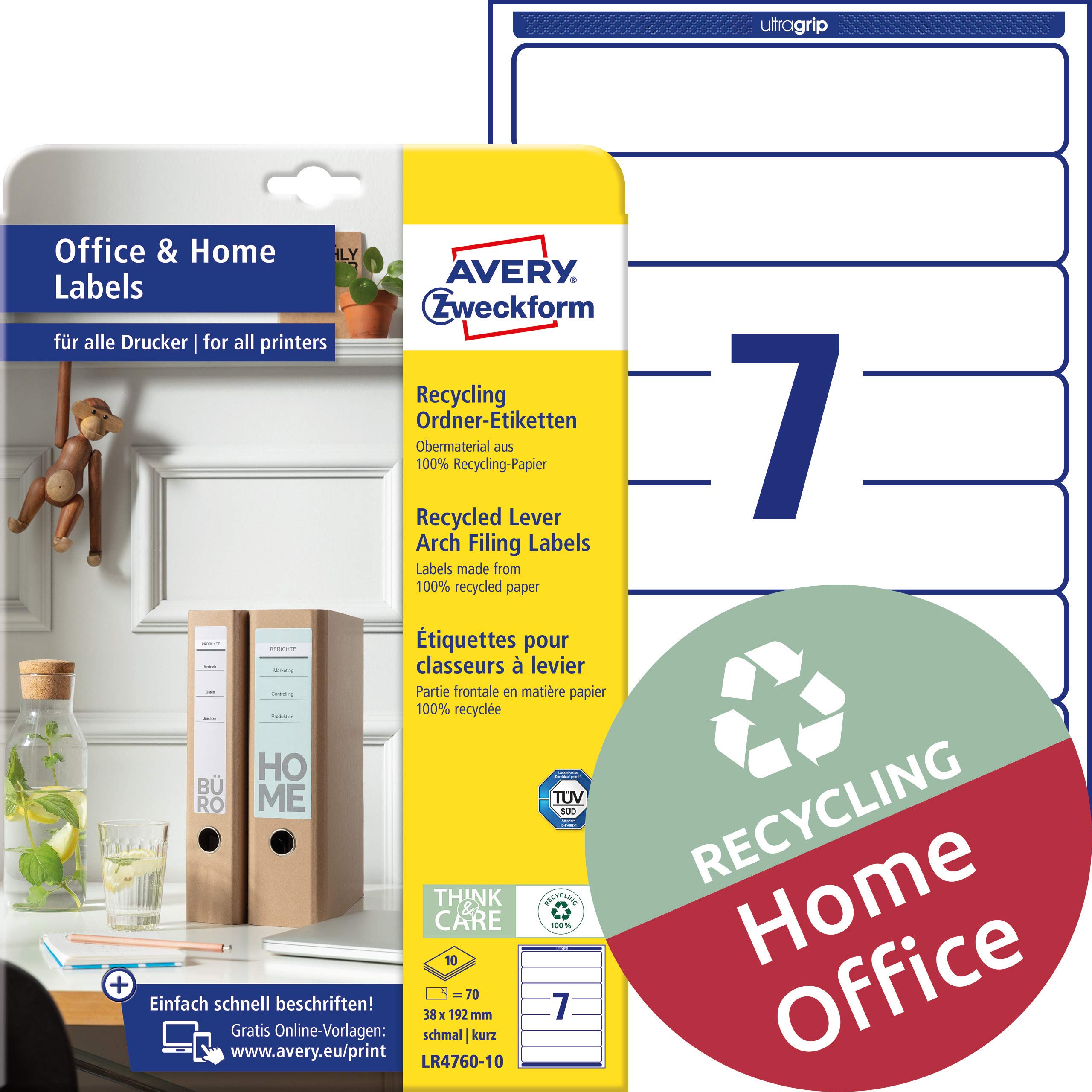 AVERY Zweckform LR4760-10 Recycled Folder Spine Labels (70 Spine Labels, 38 x 192 mm on A4, 100% Recycled Paper, Narrow/Short, Self-Adhesive, Printable Folder Labels), 10 Sheets, Natural White