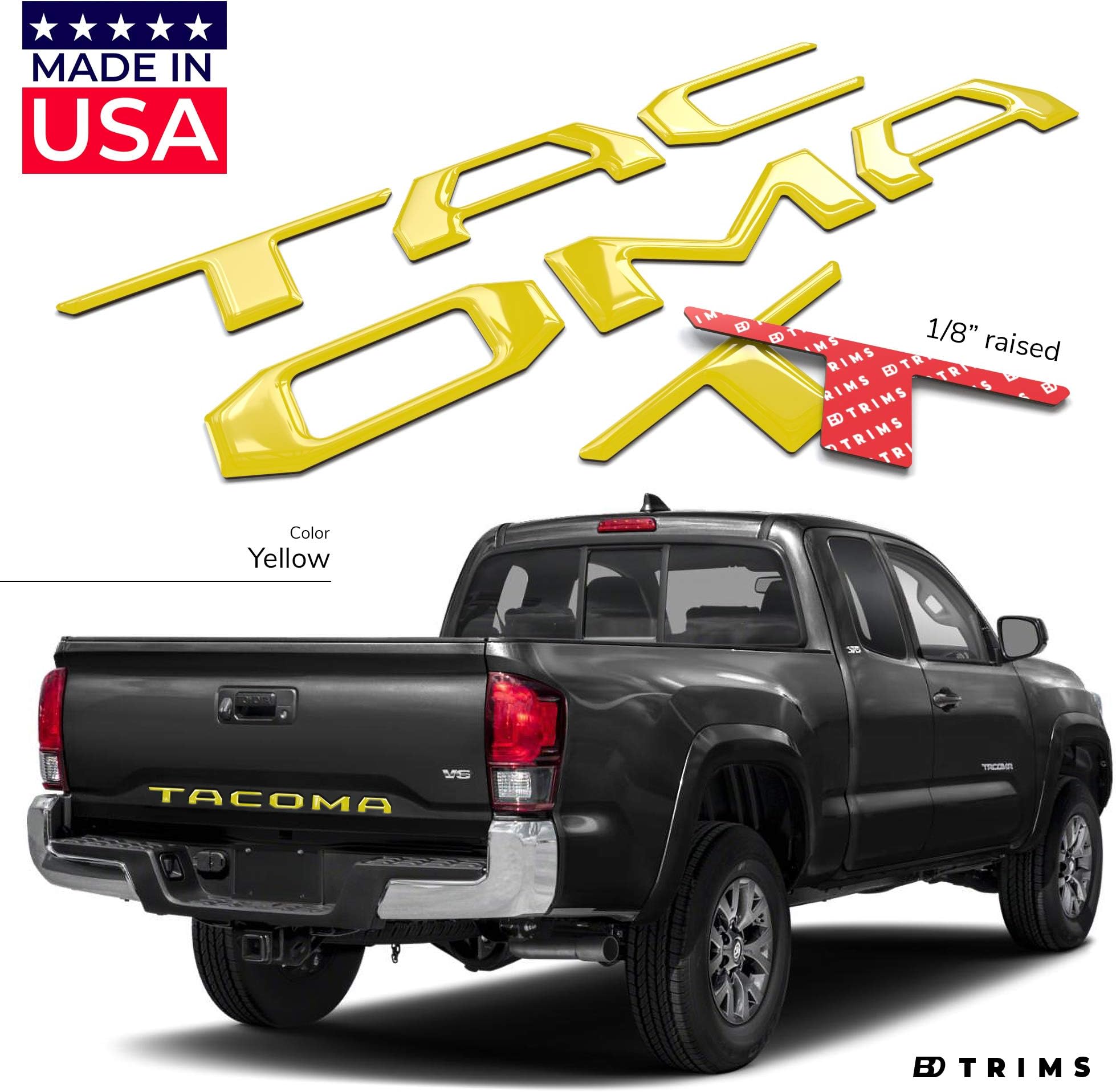 BDTrims Domed 3D Raised Tailgate Letters Compatible with 2016-2020 Tacoma Models (Yellow)
