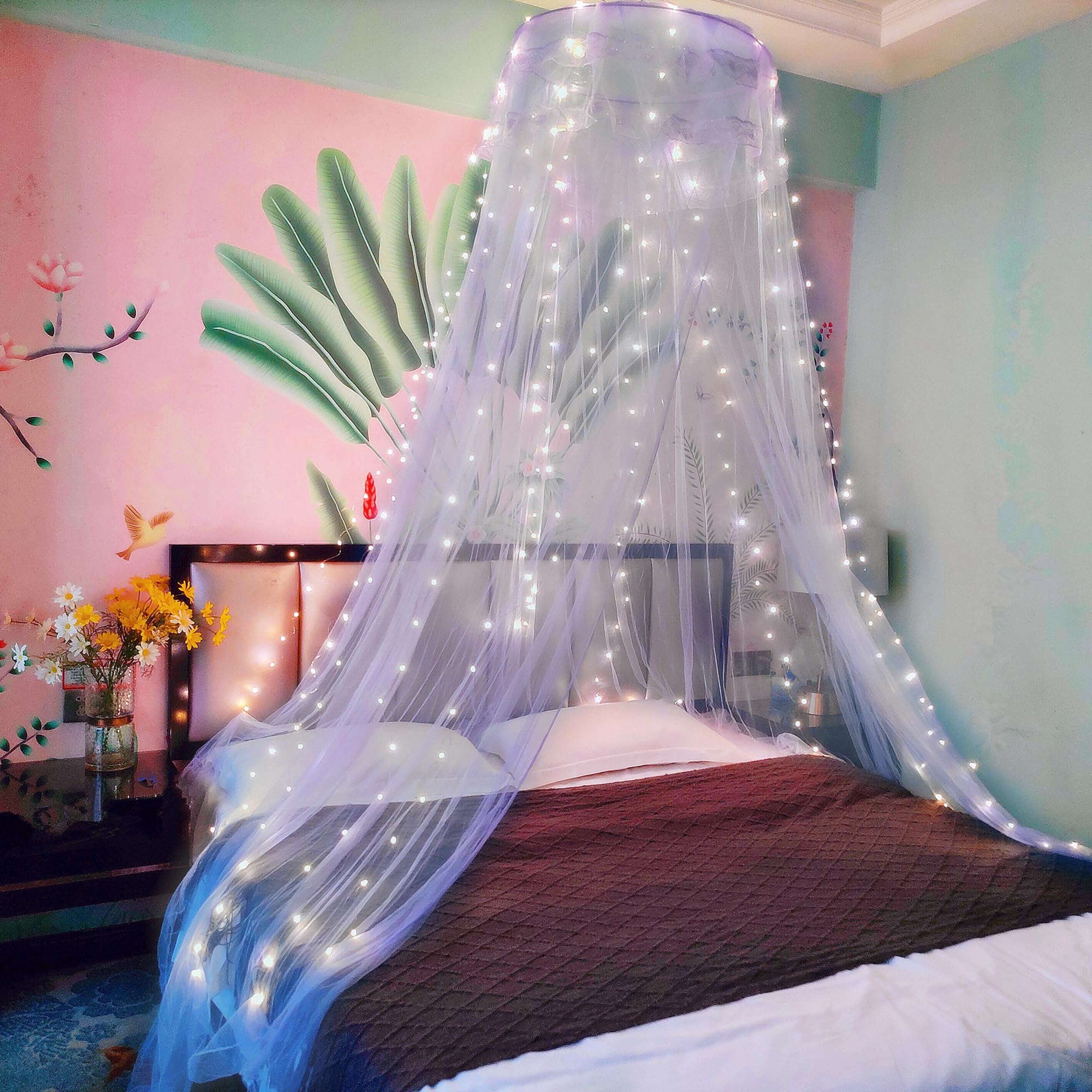 Eimilaly Lace Bed Canopy Mosquito Netting with Warm Lights, Princess Bed Canopy for Girls Room Decor, Blue/Single Door